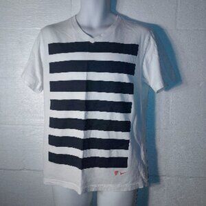 NIKE Men's Size Medium White Navy Stripe V Neck T-Shirt Orange Swoosh Logo